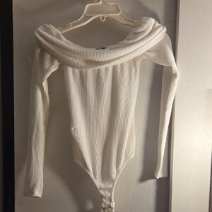 Off-Shoulder Ribbed Bodysuit - Cream By Fashion Nova